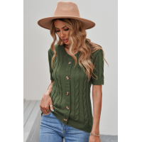 Green Cable Knit Short Sleeve Top with Buttons