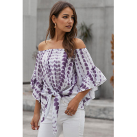 Purple Tie Dye Plaid Off Shoulder Blouse