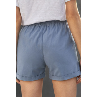 Blue Elastic Waistband Pocket Drawstring Shorts with Button