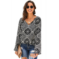 Black Long Sleeve V Neck Printed Chiffon Blouse