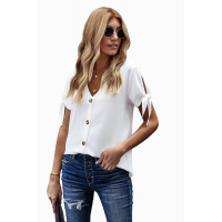 White Casual Tie Knot Short Sleeve V-Neck Button Chiffon Blouse