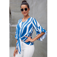 Sky Blue Vertical Stripes V Neck 3/4 Sleeve Blouse