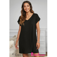 Black V Neck Cuffed T-shirt Dress