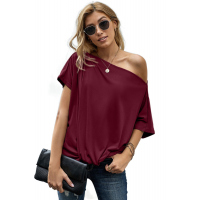 Red Off-The-Shoulder Slash Neck Casual Loose Fitting Top