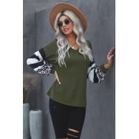 Green V Neck Leopard Stripe Splice Lantern Sleeve Top