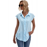 Sky Blue Turn-down Collar Button Front Tank