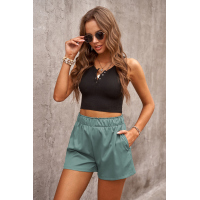 Green Cotton Blend Pocketed High Rise Shorts 