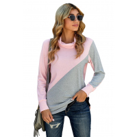 Pink Turtle Neck Sloping Color Block Long Sleeve Top