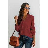 Wine Long Sleeves Ruffles Blouse