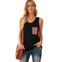 Black Casual Women Tank Top with Multicolor Pocket