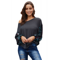 Gray Floral Sleeve Pullover Top