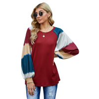 Red Lantern Sleeve Color Block Pullover Loose T-shirts