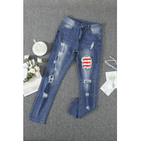 Vintage Stripes and Stars Patches Ripped Jeans