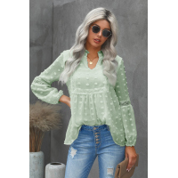 Green Ruffled Split Neck Lace Hollow Out Puff Sleeve Polka Dot Blouse