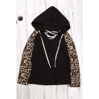 Lace Up Neck Leopard Long Sleeves Top