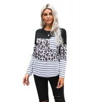 Leopard Striped Patchwork Long Sleeve Top with Pocket