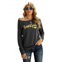 Gray THANKFUL Print Off Shoulder Long Sleeve Top without Strap