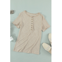 Beige Buttoned Ribbed Knit Short Sleeve Top