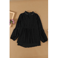 Black Ruffled Split Neck Lace Hollow Out Puff Sleeve Polka Dot Blouse