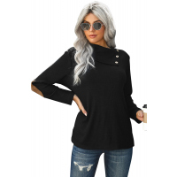 Black Buttoned Neck Knit Long Sleeves Top