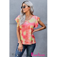 Orange Tie-dye Print Ruffled Sleeves T-shirt