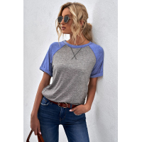 Gray Raglan Sleeve Patchwork Colorblock Tee