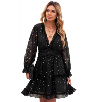 Black Glitter Stars V Neck Backless Ruffle Mini Dress