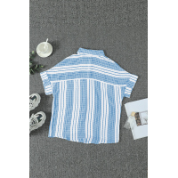 Sky Blue V Neck Stripes Roll Up Sleeve Button Up Shirt