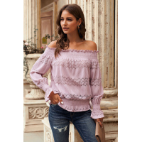 Pink Off Shoulder Ruffle Long Sleeve Smocked Waist Lace Crochet Blouse