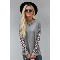 Gray Crisscross V Neck Leopard Sleeve Blouse