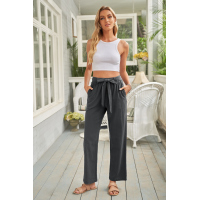 Black Elastic Waist Drawstring Wide Leg Pants