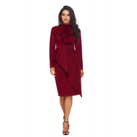 Burgundy Asymmetric Peplum Style Pussy Bow Dress