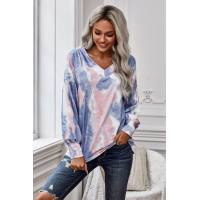 Long Sleeve Tie Dye Print V Neck Top