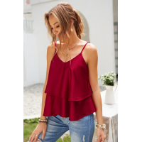 Red Spaghetti Straps Layered Ruffled Tank Top