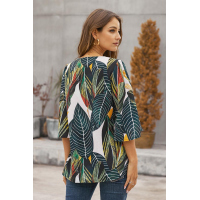 Green Tropical Leaf Print Button Up Blouse