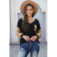 Sequin Splicing Black V Neck Bishop Sleeves Top