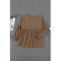 Brown V Neck Polka Dot Lantern Sleeve Top