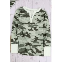 Long Sleeve Cutout V Neck Camo Top