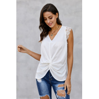 White Lace Cap Sleeve Twisted Knot Top