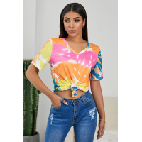 Yellow Gradient Tie Dye V Neck T-shirt