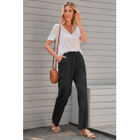 Black Drawstring Elastic Waist Pockets Long Straight Legs Pants