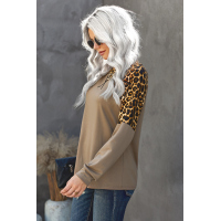 Khaki Leopard Stitching Long Sleeve Top