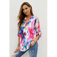 Multicolor Tie Dye Button Tab-Sleeve V-Neck Blouse