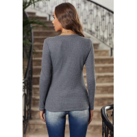 Gray V Neck Cotton Blend Long Sleeve Top