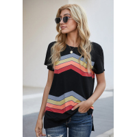 Black Colorful Wavy Stripes Print Short Sleeve Tee