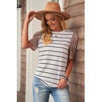 Leopard Ruffle Sleeve Striped T-shirt