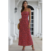 Red Bohemian Bandeau Floral Print Maxi Dress