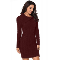 Asymmetric Buttoned Collar Burgundy Bodycon Sweater Dress