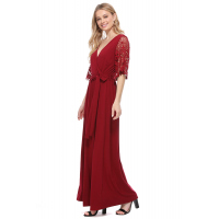 Red Floral Lace Half Sleeve Wrap V Neck Maxi Dress