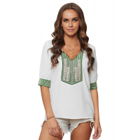 White Deep V-neck Half Sleeve Embroidery Patch Blouse